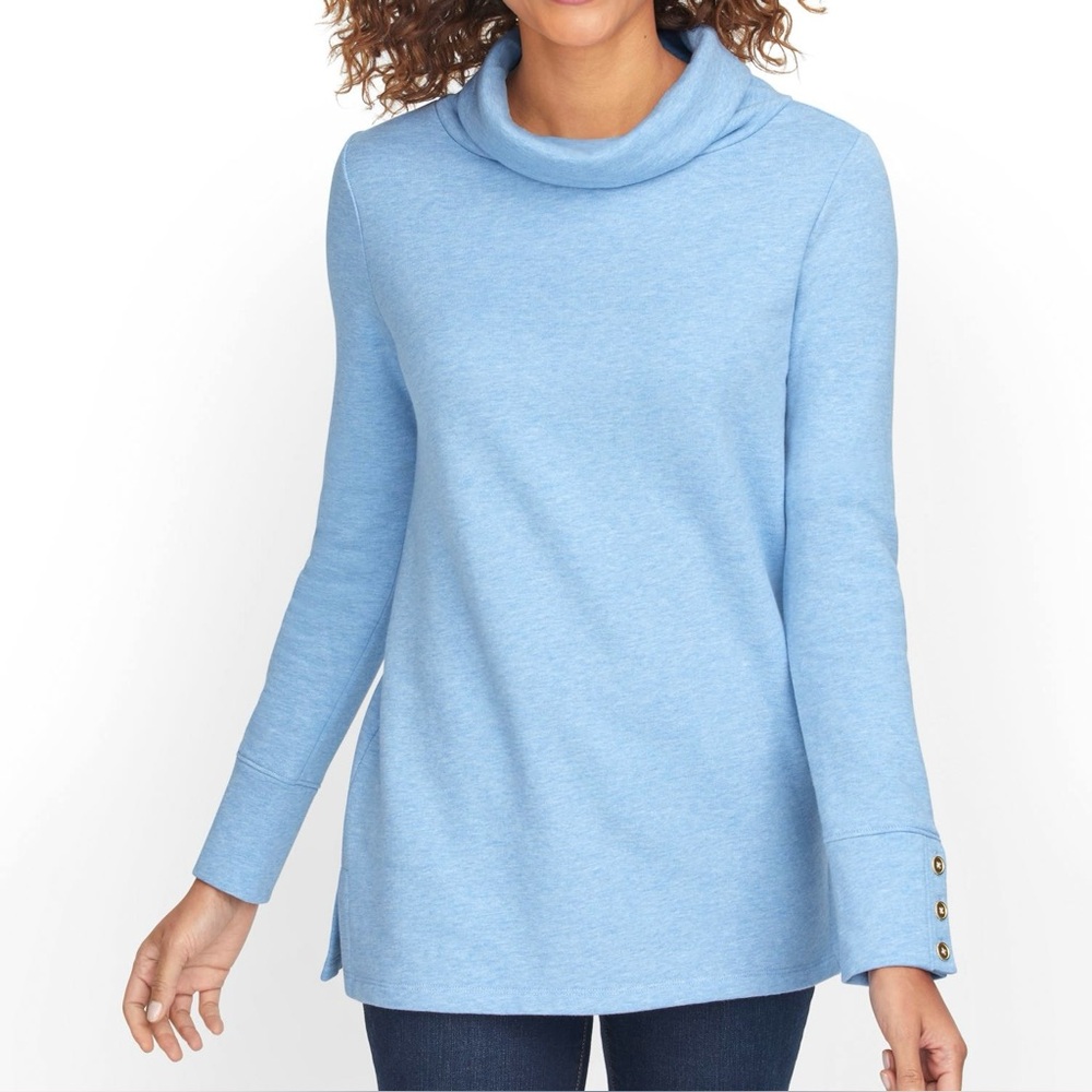 Talbots Funnel Neck Fleece Pullover Women’s Size L Petite Gold Buttons Sky Blue